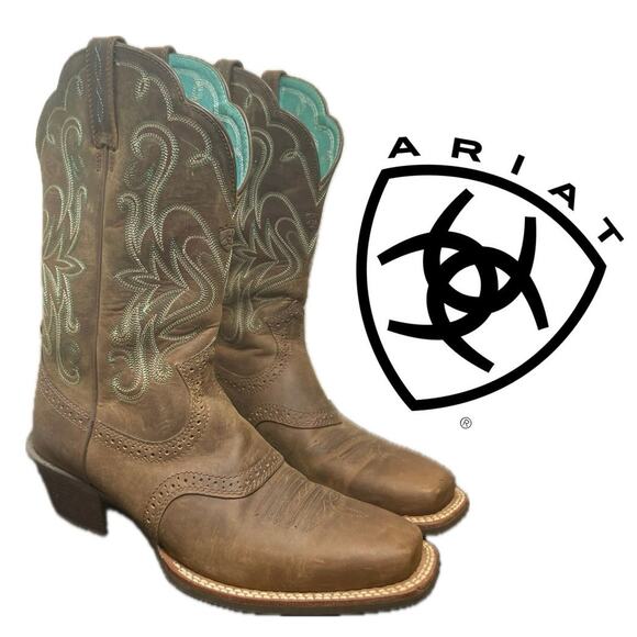ARIAT COWGIRL BOOTS LEGEND WESTERN SZ 7.5 SQUARE TOE EMBROIDERED HERITAGE ROUGH - Picture 1 of 16